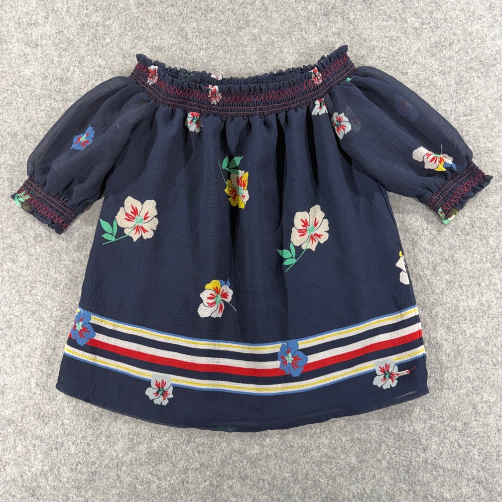 Tommy Hilfiger Womens XXS Navy Blue Floral Off Shoulder Smocked‎ Peasant Blouse